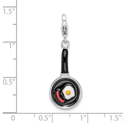 Sterling Silver Amore La Vita Rhodium-Plated Polished 3-D Enameled Frying Pan With Food Charm Fancy Lobster Clasp