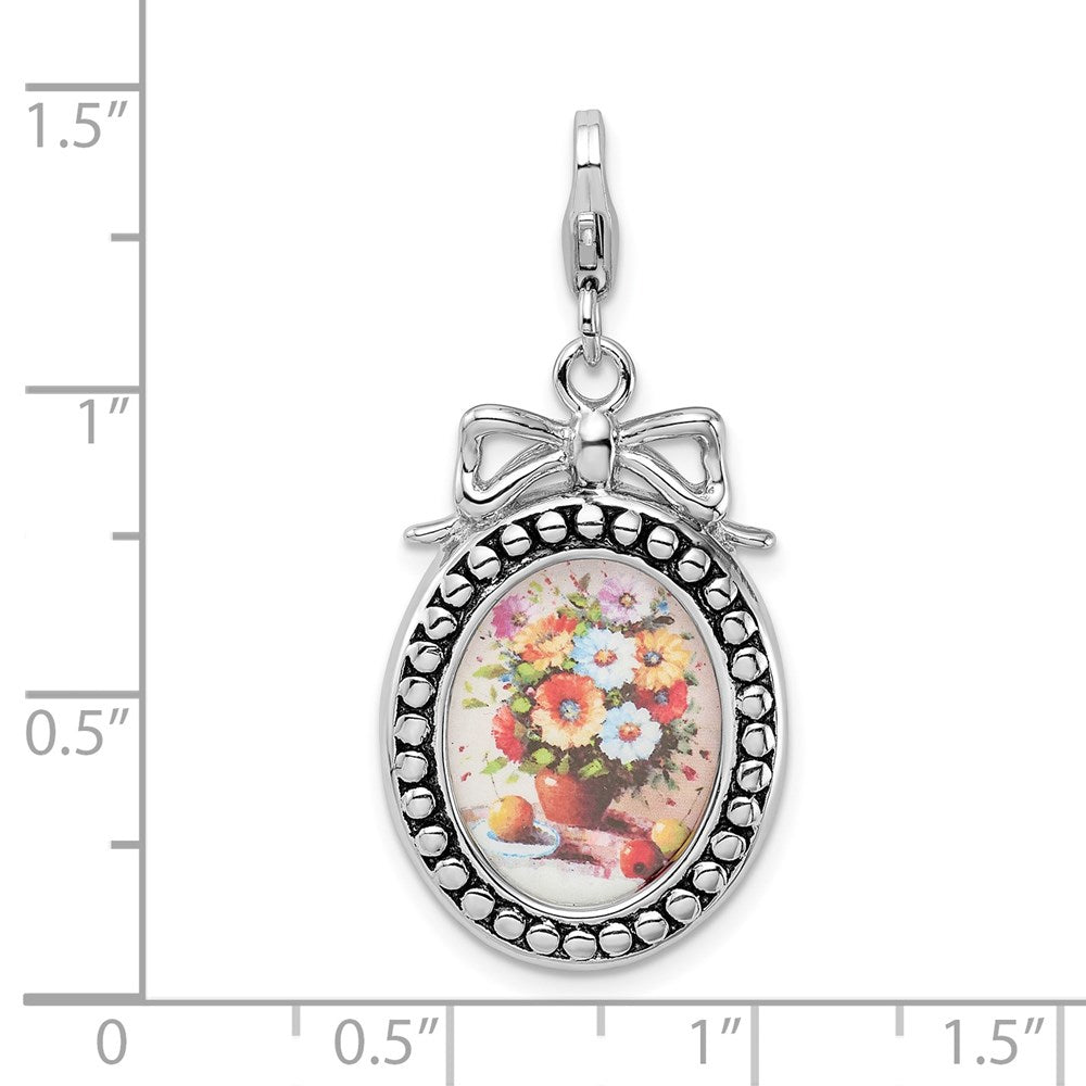 Sterling Silver Amore La Vita Rhodium-Plated Polished 3-D Framed Bouquet Of Flowers Charm With Fancy Lobster Clasp