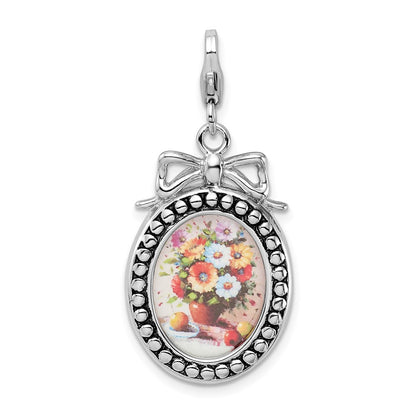 Sterling Silver Amore La Vita Rhodium-Plated Polished 3-D Framed Bouquet Of Flowers Charm With Fancy Lobster Clasp