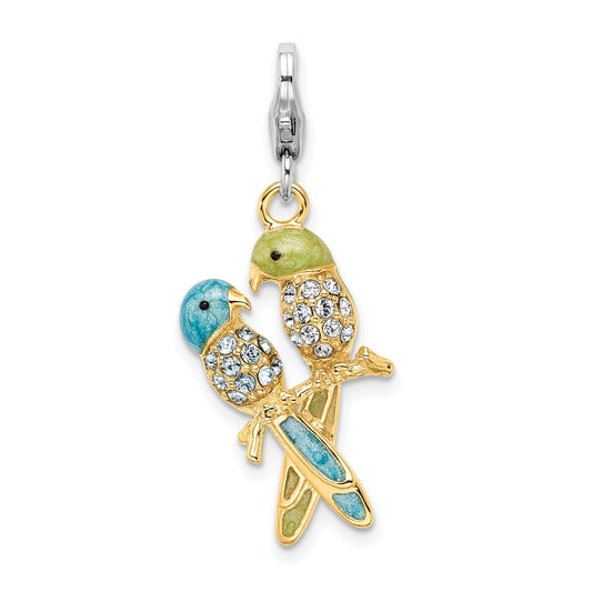 Sterling Silver Amore La Vita Rhodium-Plated And Gold-Plated Polished 3-D Glitter Enameled Crystal From Swarovski Love Birds Charm