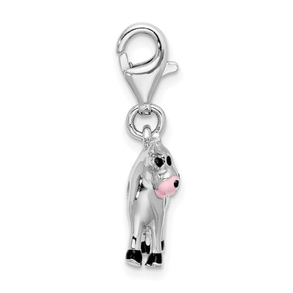 Sterling Silver Amore La Vita Rhodium-Plated Polished Enameled 3-D Cow Charm With Fancy Lobster Clasp