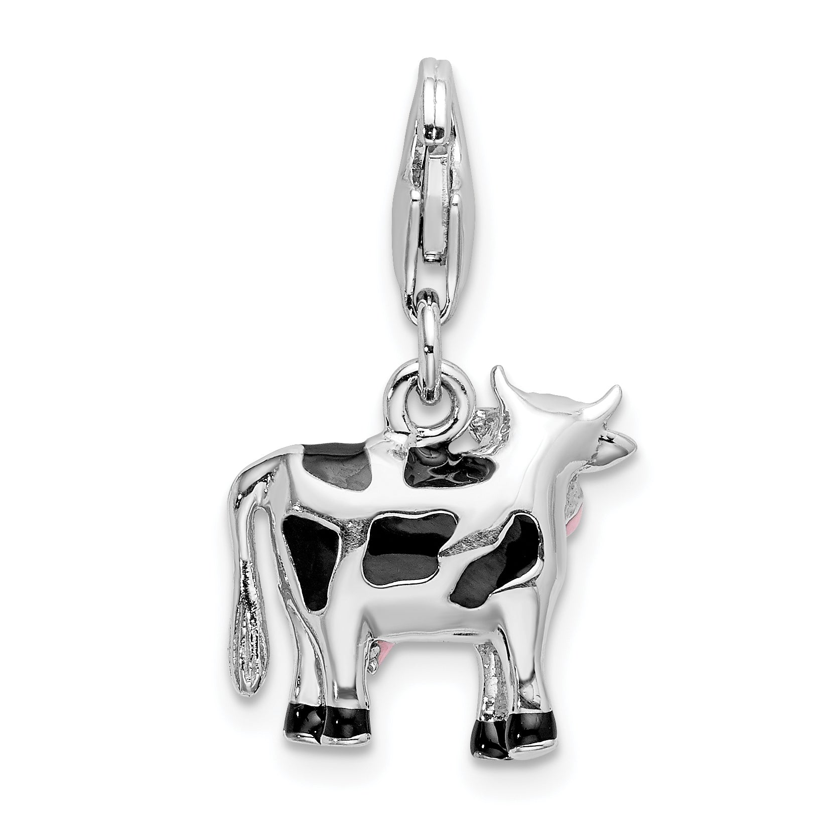 Sterling Silver Amore La Vita Rhodium-Plated Polished Enameled 3-D Cow Charm With Fancy Lobster Clasp