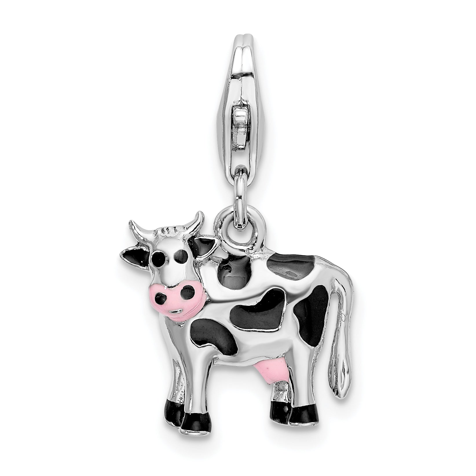 Sterling Silver Amore La Vita Rhodium-Plated Polished Enameled 3-D Cow Charm With Fancy Lobster Clasp