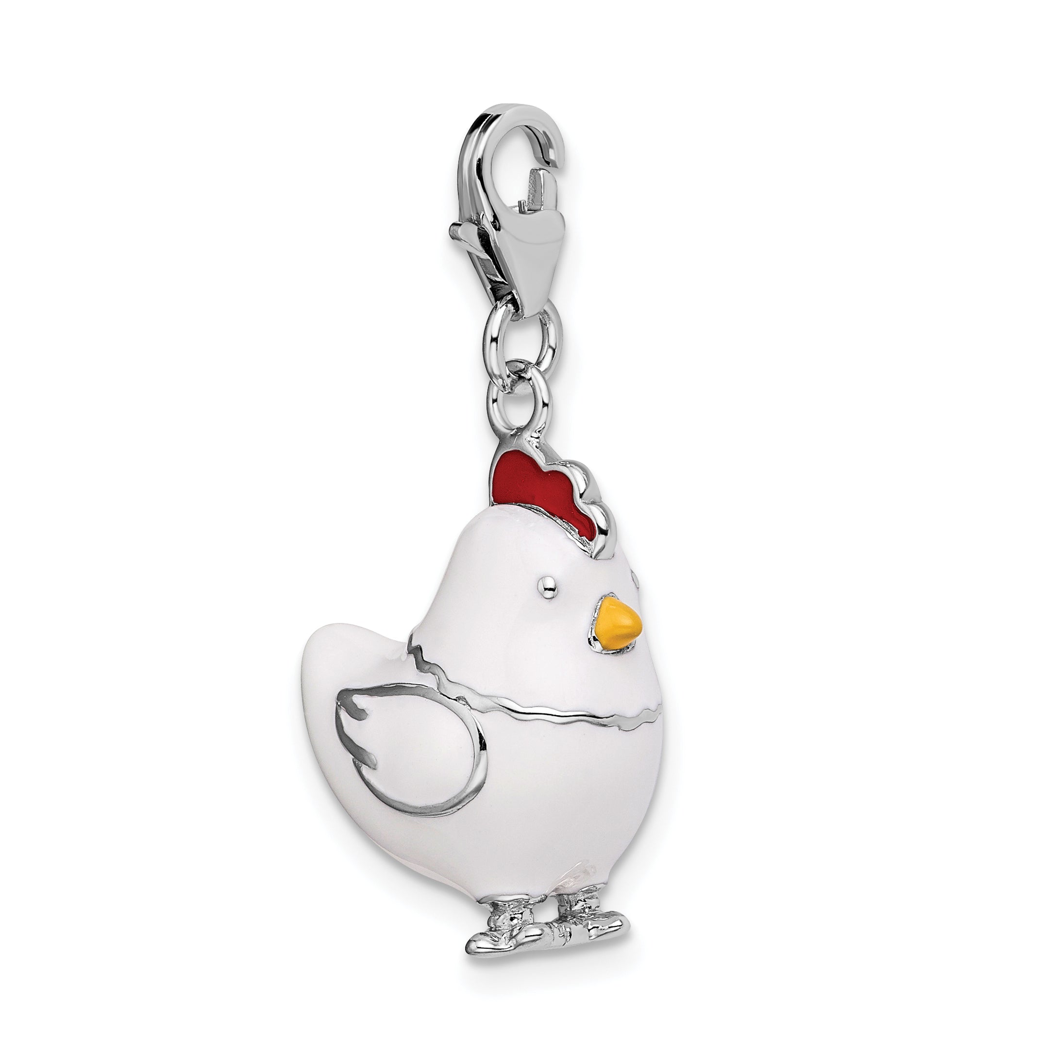 Sterling Silver Amore La Vita Rhodium-Plated Polished 3-D Enameled Chicken Charm With Fancy Lobster Clasp