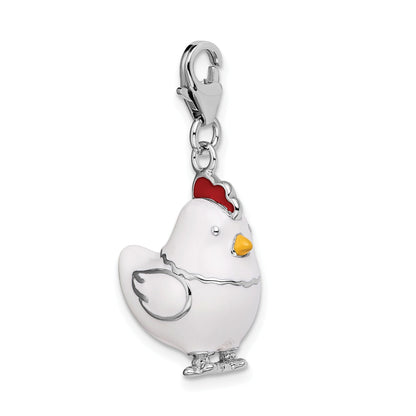 Sterling Silver Amore La Vita Rhodium-Plated Polished 3-D Enameled Chicken Charm With Fancy Lobster Clasp