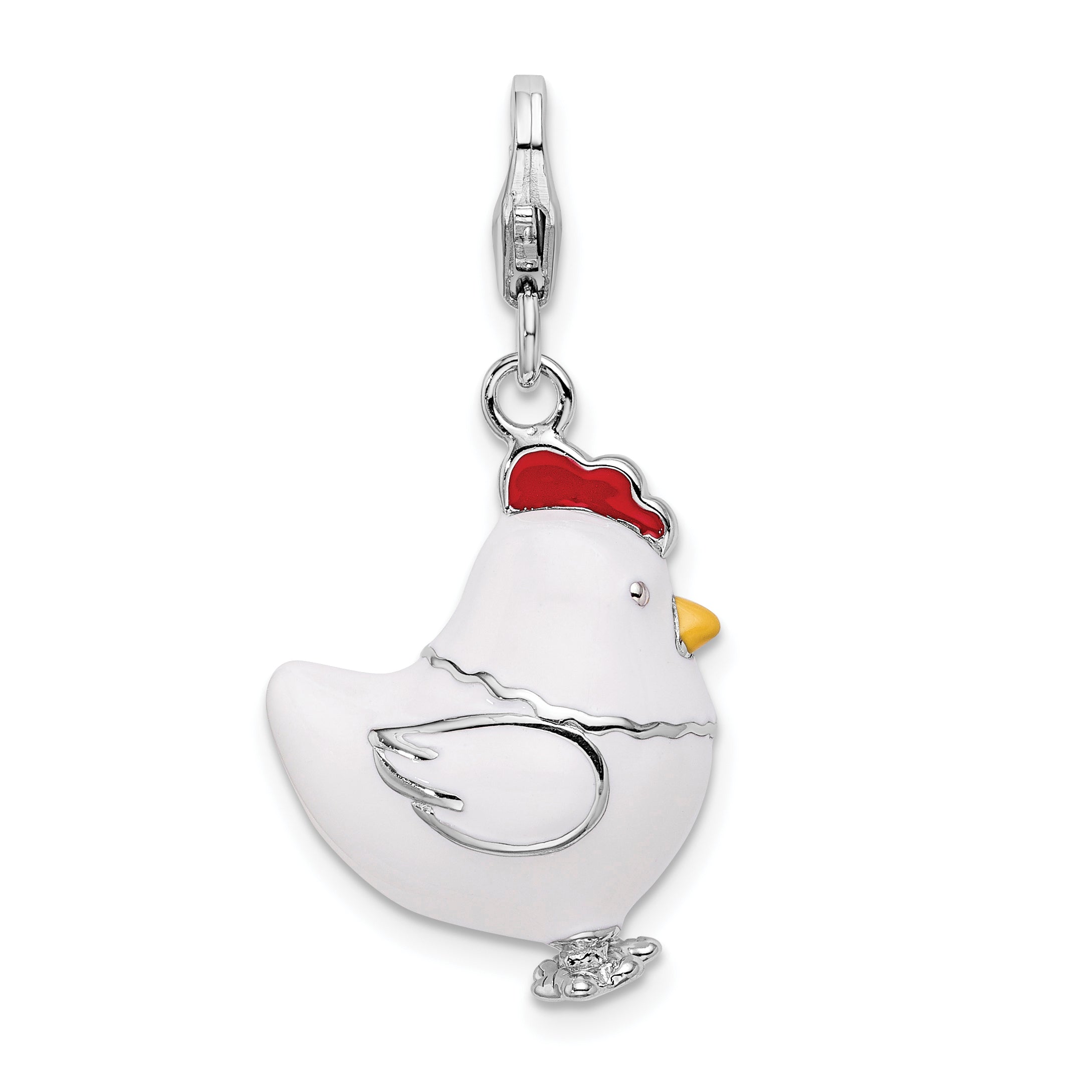 Sterling Silver Amore La Vita Rhodium-Plated Polished 3-D Enameled Chicken Charm With Fancy Lobster Clasp