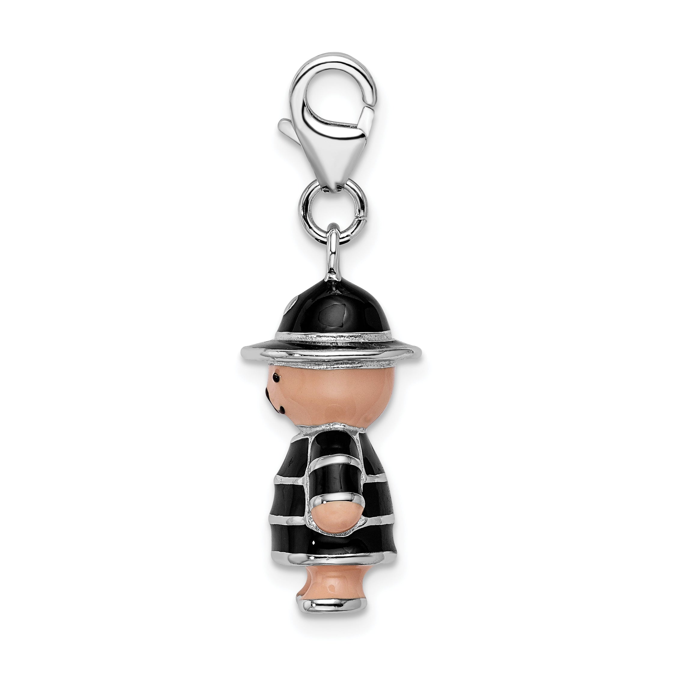 Sterling Silver Amore La Vita Rhodium-Plated Polished 3-D Enameled Teddy Bear In Black Hat And Coat Charm With Fancy Lobster Clasp
