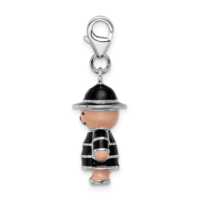 Sterling Silver Amore La Vita Rhodium-Plated Polished 3-D Enameled Teddy Bear In Black Hat And Coat Charm With Fancy Lobster Clasp