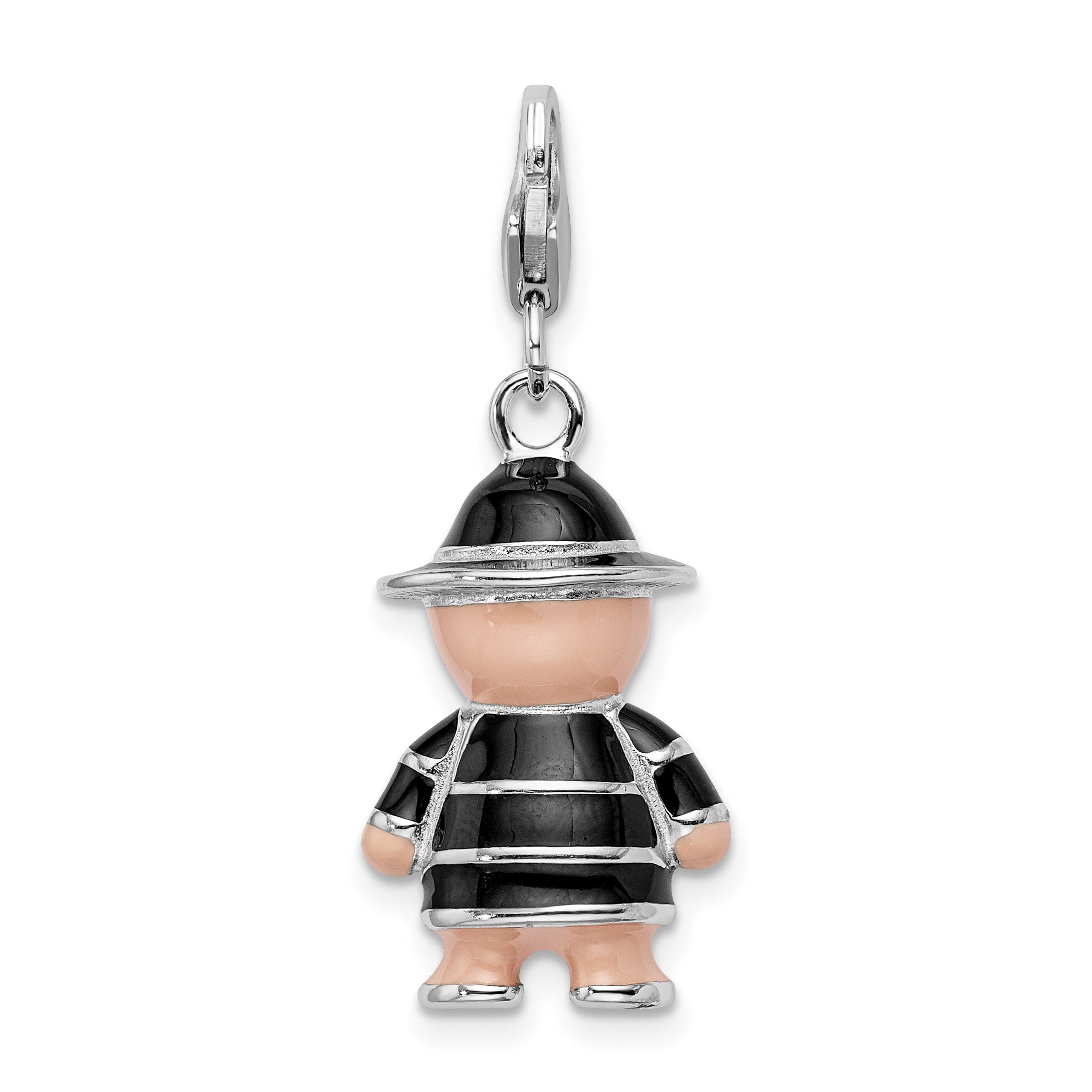 Sterling Silver Amore La Vita Rhodium-Plated Polished 3-D Enameled Teddy Bear In Black Hat And Coat Charm With Fancy Lobster Clasp