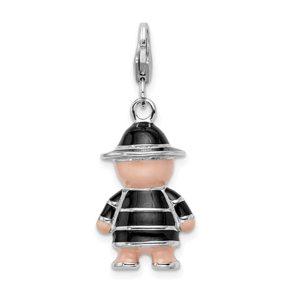 Sterling Silver Amore La Vita Rhodium-Plated Polished 3-D Enameled Teddy Bear In Black Hat And Coat Charm With Fancy Lobster Clasp