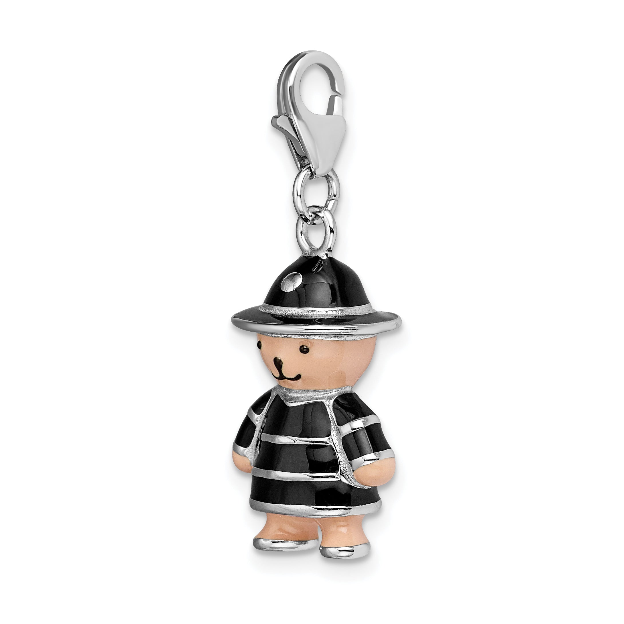 Sterling Silver Amore La Vita Rhodium-Plated Polished 3-D Enameled Teddy Bear In Black Hat And Coat Charm With Fancy Lobster Clasp