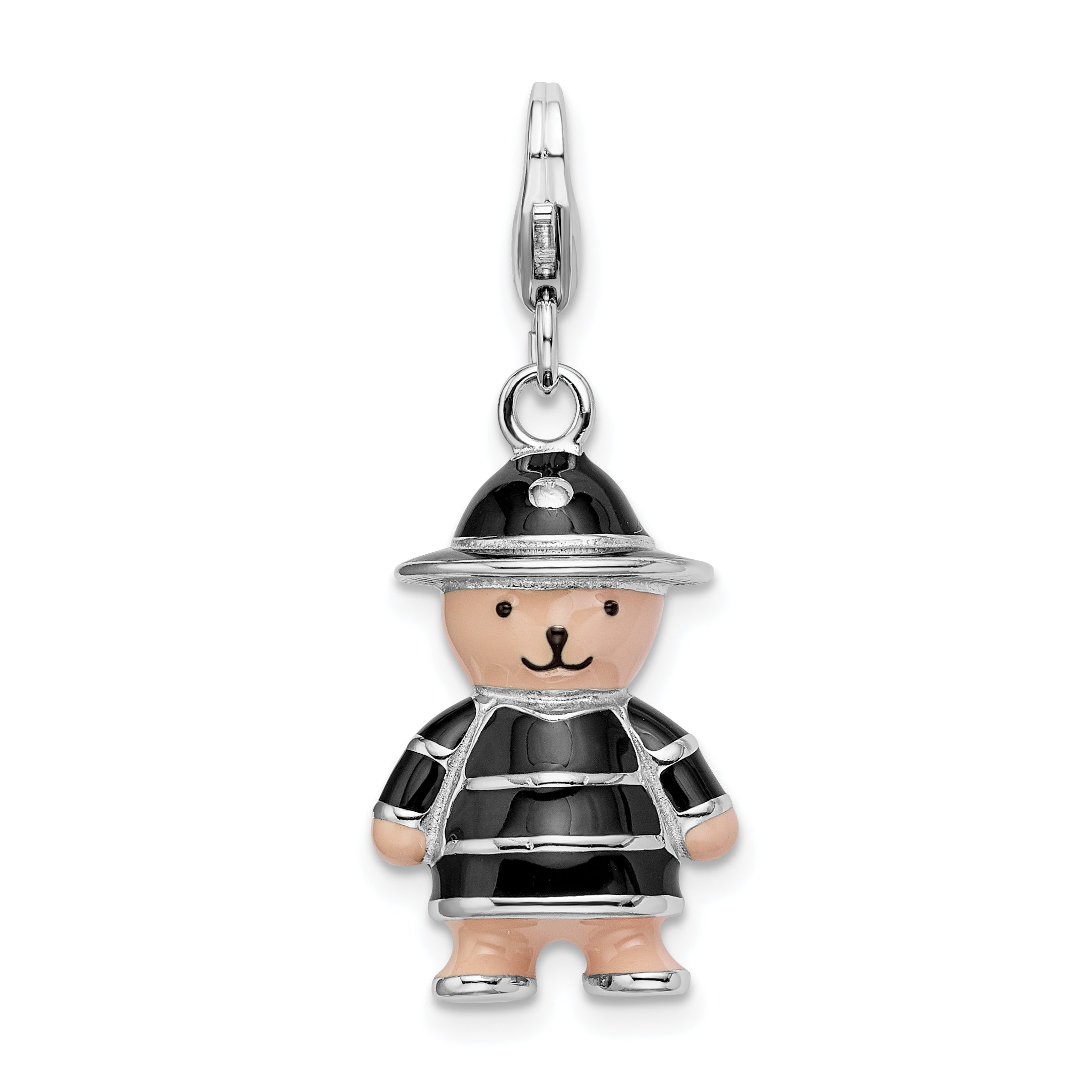 Sterling Silver Amore La Vita Rhodium-Plated Polished 3-D Enameled Teddy Bear In Black Hat And Coat Charm With Fancy Lobster Clasp