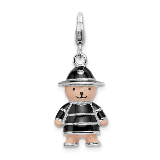 Sterling Silver Amore La Vita Rhodium-Plated Polished 3-D Enameled Teddy Bear In Black Hat And Coat Charm With Fancy Lobster Clasp
