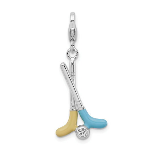 Sterling Silver Amore La Vita Rhodium-Plated Polished Enameled Crystal From Swarovski Golf Clubs Charm With Fancy Lobster Clasp