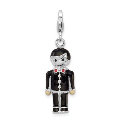 Sterling Silver Rhodium-Plated W/ Lobster Clasp Black Enamel Groom Charm