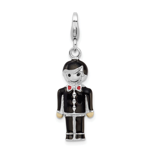 Sterling Silver Rhodium-Plated W/ Lobster Clasp Black Enamel Groom Charm