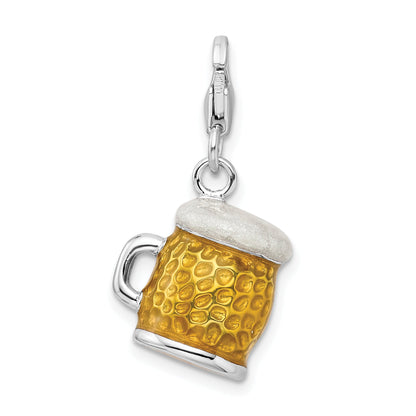 Sterling Silver Amore La Vita Rhodium-Plated Polished 3-D Enameled Beer Mug Charm With Fancy Lobster Clasp