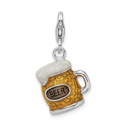 Sterling Silver Amore La Vita Rhodium-Plated Polished 3-D Enameled Beer Mug Charm With Fancy Lobster Clasp