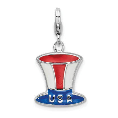 Sterling Silver Amore La Vita Rhodium-Plated Polished Enameled Usa Hat Charm With Fancy Lobster Clasp
