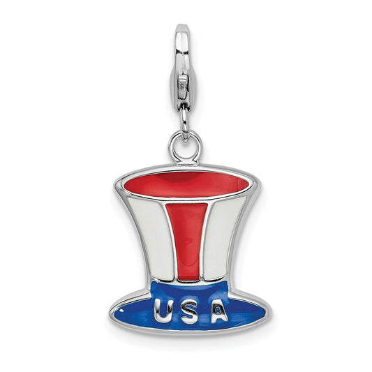Sterling Silver Amore La Vita Rhodium-Plated Polished Enameled Usa Hat Charm With Fancy Lobster Clasp
