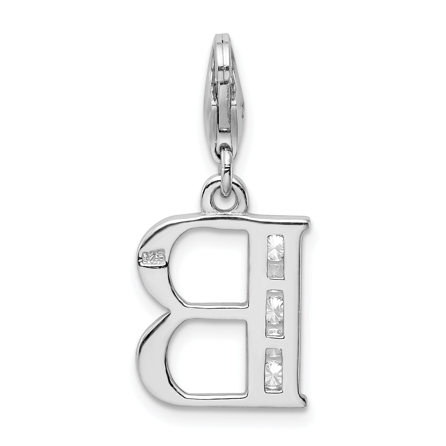 Sterling Silver Amore La Vita Rhodium-Plated Polished Cz Letter B Initial Charm With Fancy Lobster Clasp