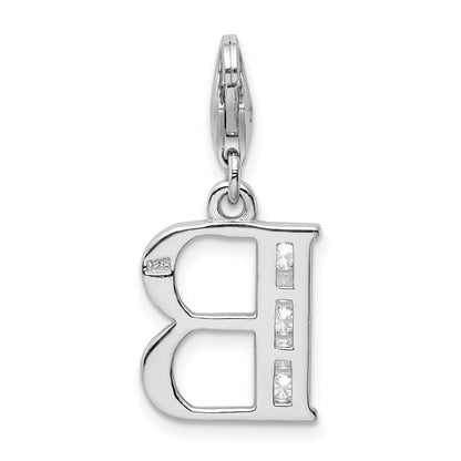 Sterling Silver Amore La Vita Rhodium-Plated Polished Cz Letter B Initial Charm With Fancy Lobster Clasp
