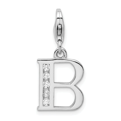 Sterling Silver Amore La Vita Rhodium-Plated Polished Cz Letter B Initial Charm With Fancy Lobster Clasp