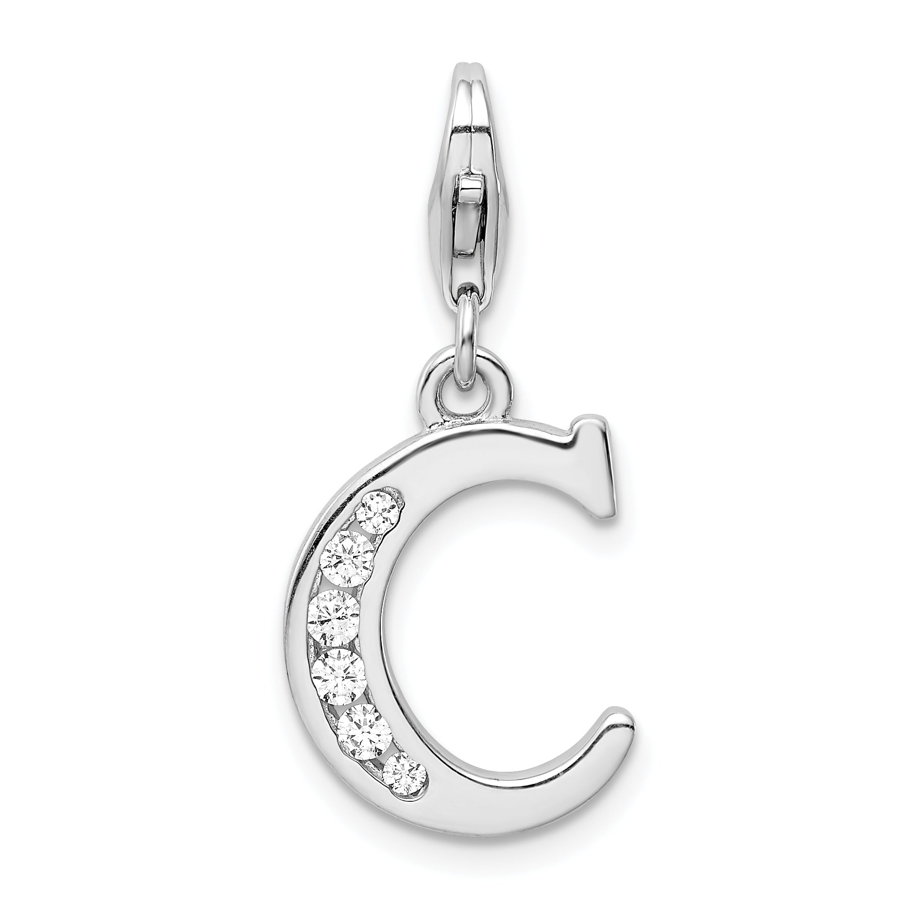 Sterling Silver Amore La Vita Rhodium-Plated Polished Cz Letter C Initial Charm With Fancy Lobster Clasp