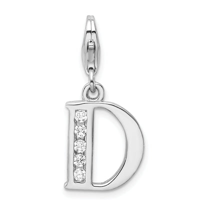 Sterling Silver Amore La Vita Rhodium-Plated Polished Cz Letter D Initial Charm With Fancy Lobster Clasp