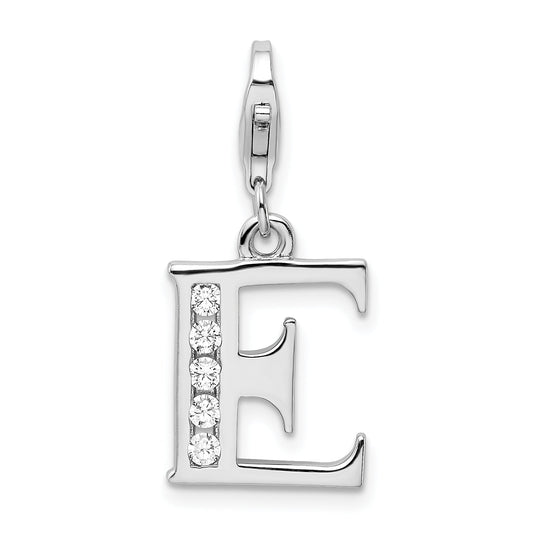 Sterling Silver Amore La Vita Rhodium-Plated Polished Cz Letter E Initial Charm With Fancy Lobster Clasp