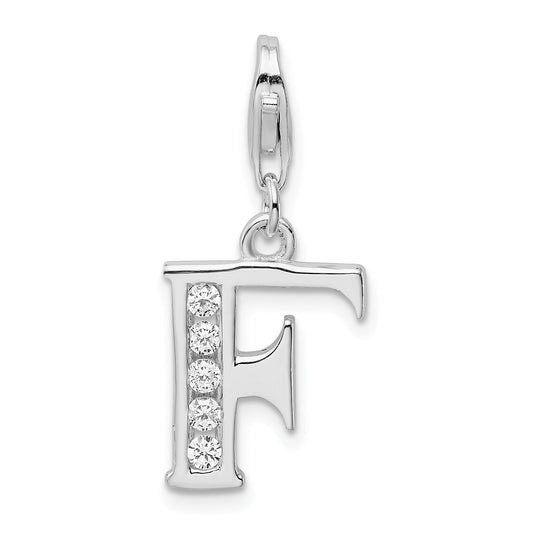 Sterling Silver Amore La Vita Rhodium-Plated Polished Cz Letter F Initial Charm With Fancy Lobster Clasp