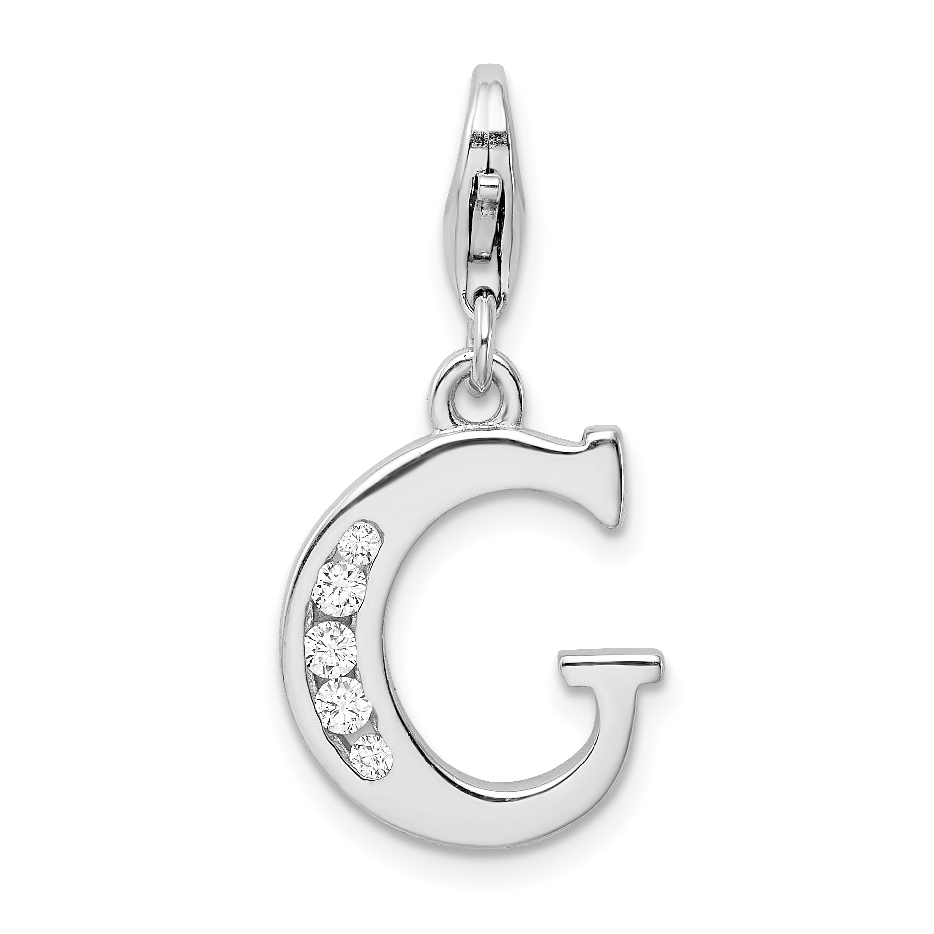 Sterling Silver Amore La Vita Rhodium-Plated Polished Cz Letter G Initial Charm With Fancy Lobster Clasp