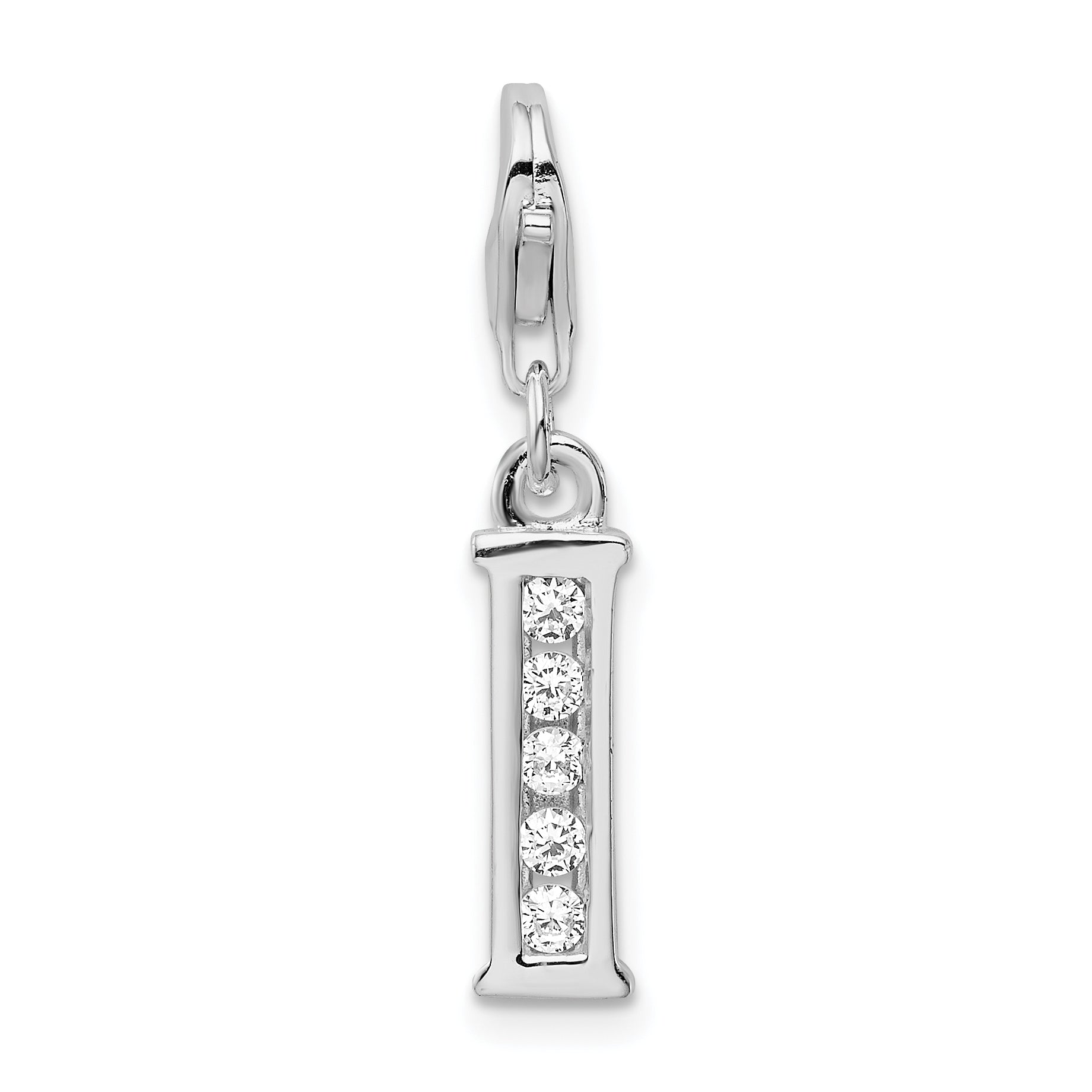 Sterling Silver Amore La Vita Rhodium-Plated Polished Cz Letter I Initial Charm With Fancy Lobster Clasp