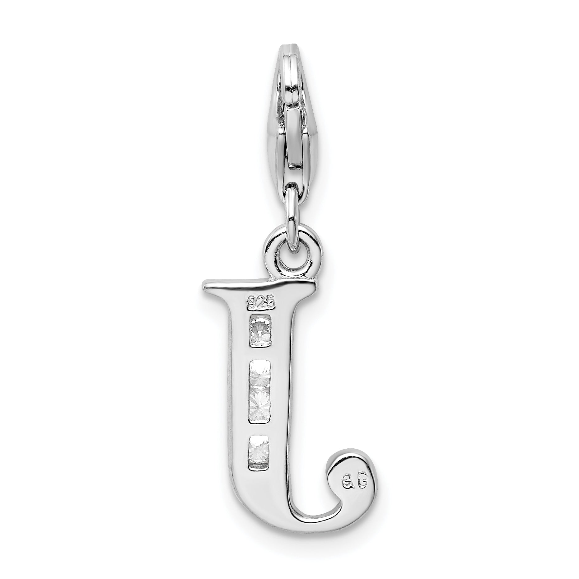Sterling Silver Amore La Vita Rhodium-Plated Polished Cz Letter J Initial Charm With Fancy Lobster Clasp