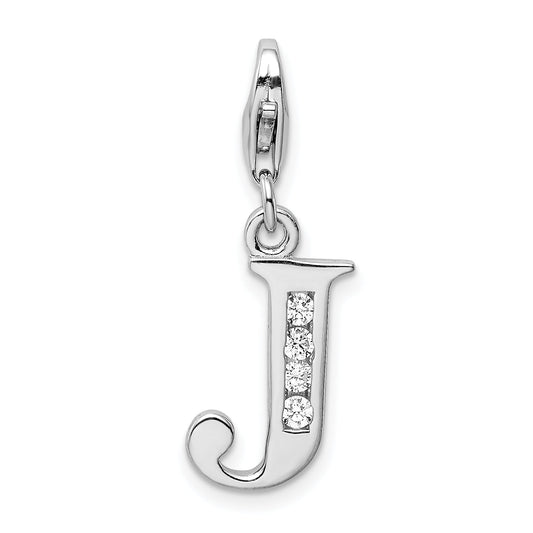 Sterling Silver Amore La Vita Rhodium-Plated Polished Cz Letter J Initial Charm With Fancy Lobster Clasp