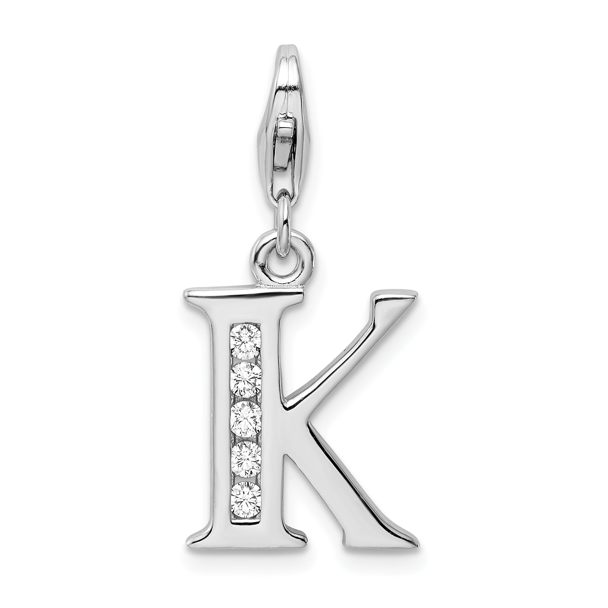 Sterling Silver Amore La Vita Rhodium-Plated Polished Cz Letter K Initial Charm With Fancy Lobster Clasp
