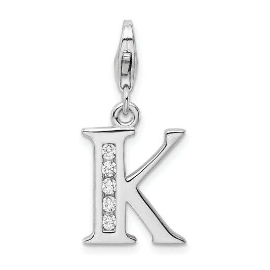 Sterling Silver Amore La Vita Rhodium-Plated Polished Cz Letter K Initial Charm With Fancy Lobster Clasp