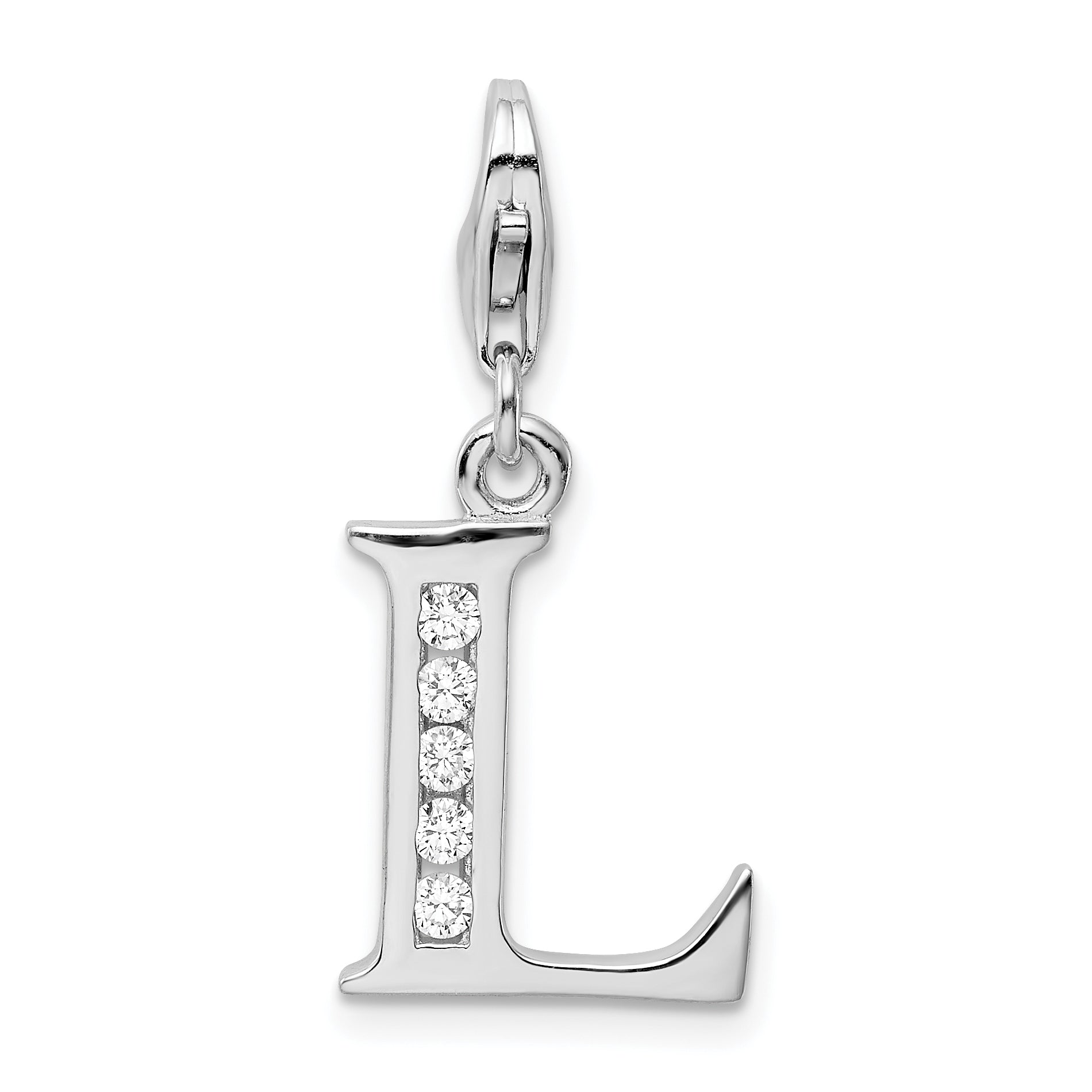 Sterling Silver Amore La Vita Rhodium-Plated Polished Cz Letter L Initial Charm With Fancy Lobster Clasp