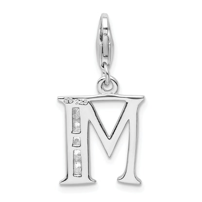 Sterling Silver Amore La Vita Rhodium-Plated Polished Cz Letter M Initial Charm With Fancy Lobster Clasp