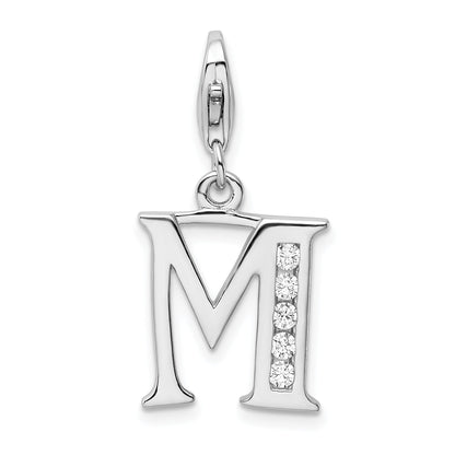Sterling Silver Amore La Vita Rhodium-Plated Polished Cz Letter M Initial Charm With Fancy Lobster Clasp