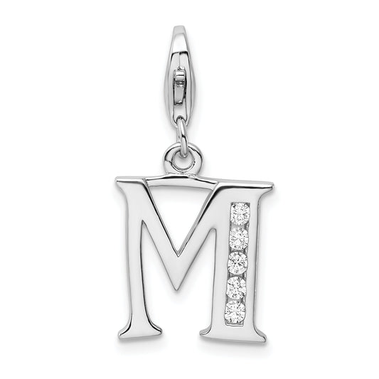 Sterling Silver Amore La Vita Rhodium-Plated Polished Cz Letter M Initial Charm With Fancy Lobster Clasp
