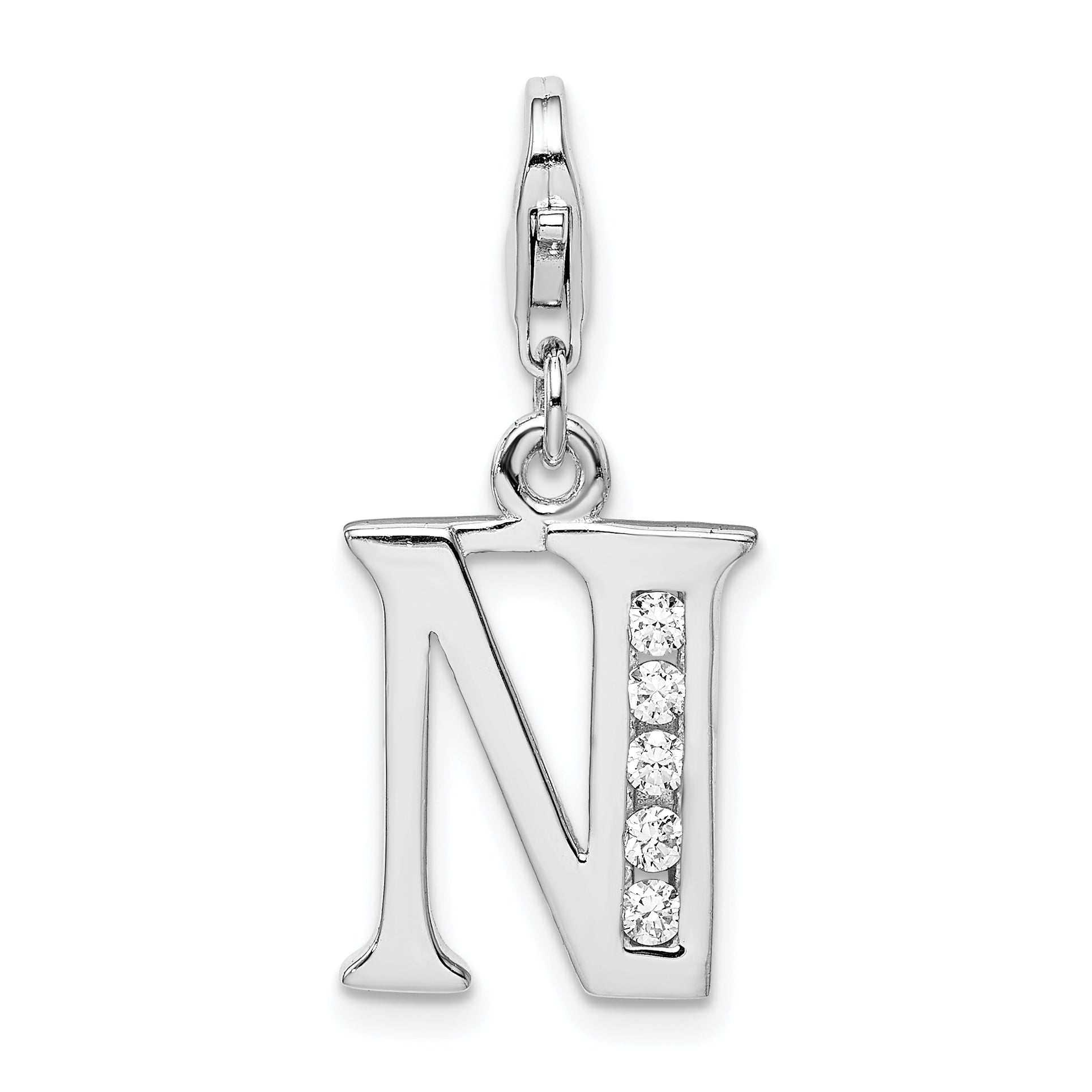 Sterling Silver Amore La Vita Rhodium-Plated Polished Cz Letter N Initial Charm With Fancy Lobster Clasp