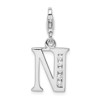 Sterling Silver Amore La Vita Rhodium-Plated Polished Cz Letter N Initial Charm With Fancy Lobster Clasp