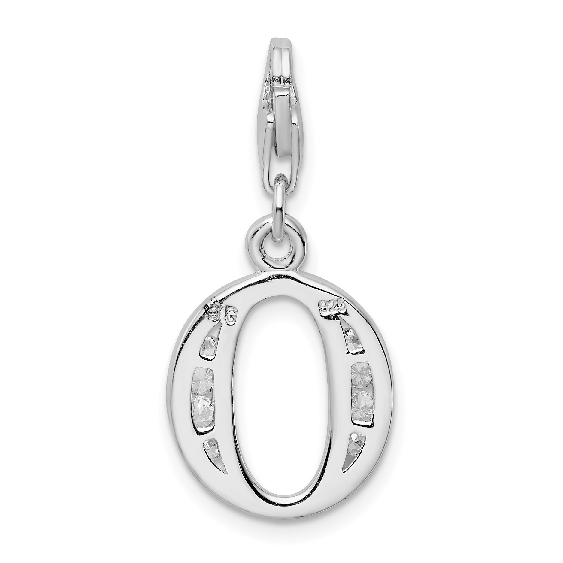 Sterling Silver Amore La Vita Rhodium-Plated Polished Cz Letter O Initial Charm With Fancy Lobster Clasp
