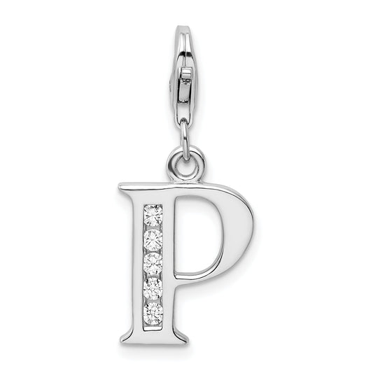 Sterling Silver Amore La Vita Rhodium-Plated Polished Cz Letter P Initial Charm With Fancy Lobster Clasp