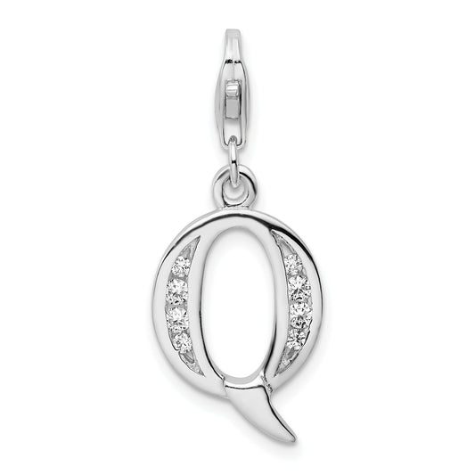 Sterling Silver Amore La Vita Rhodium-Plated Polished Cz Letter Q Initial Charm With Fancy Lobster Clasp