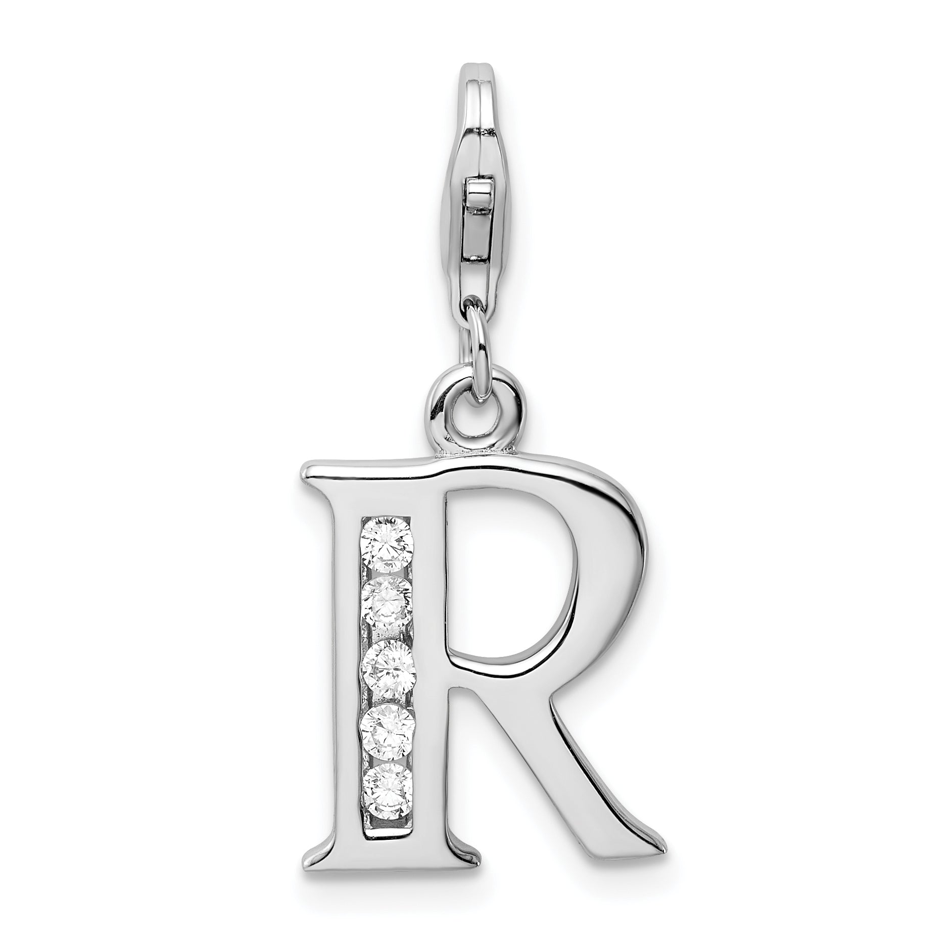 Sterling Silver Amore La Vita Rhodium-Plated Polished Cz Letter R Initial Charm With Fancy Lobster Clasp