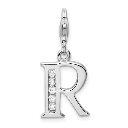 Sterling Silver Amore La Vita Rhodium-Plated Polished Cz Letter R Initial Charm With Fancy Lobster Clasp