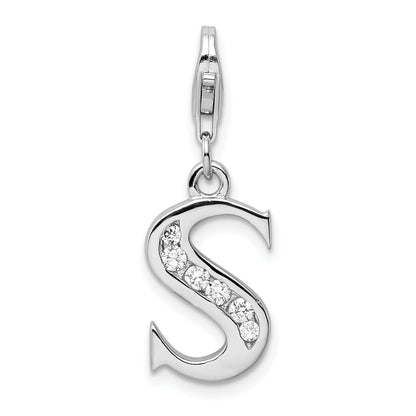 Sterling Silver Amore La Vita Rhodium-Plated Polished Cz Letter S Initial Charm With Fancy Lobster Clasp