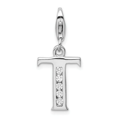 Sterling Silver Amore La Vita Rhodium-Plated Polished Cz Letter T Initial Charm With Fancy Lobster Clasp